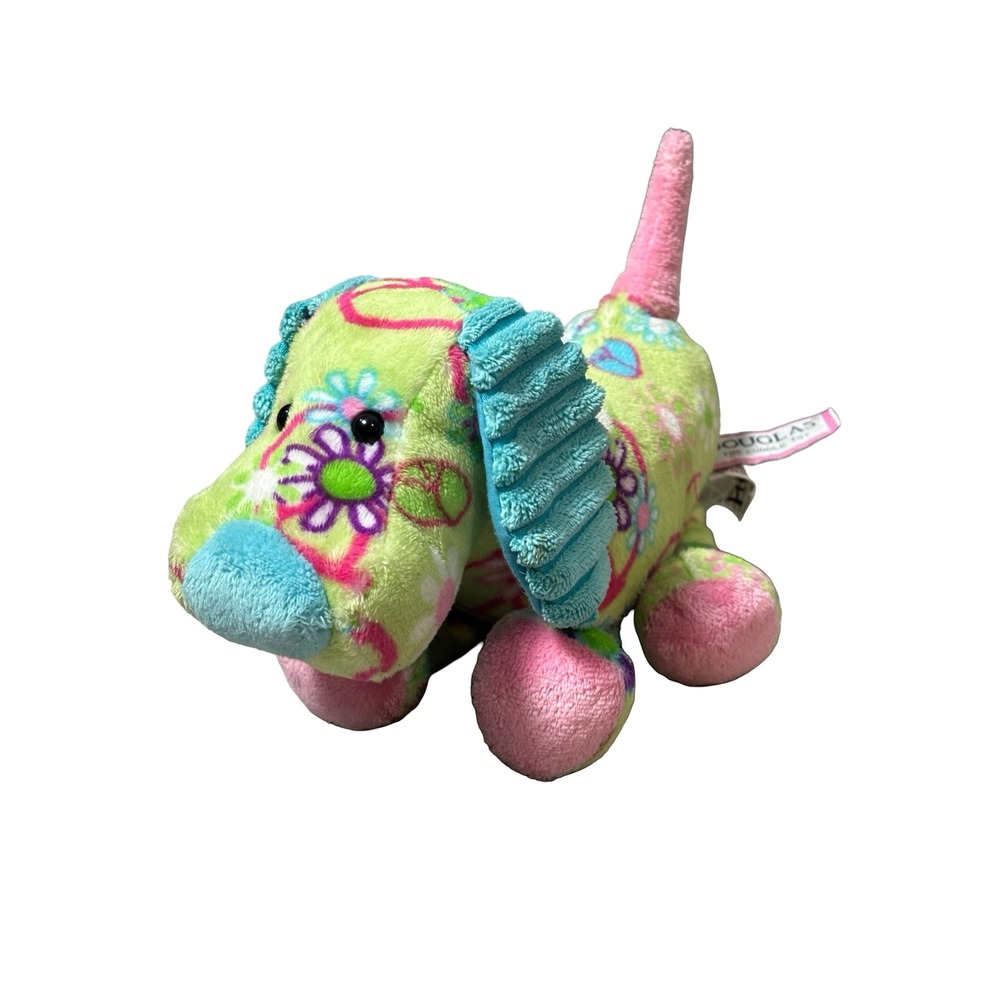 Douglas Cuddle Toy Plush Dog Psychedelic Floral Peace Sign Green Pink Blue 8"